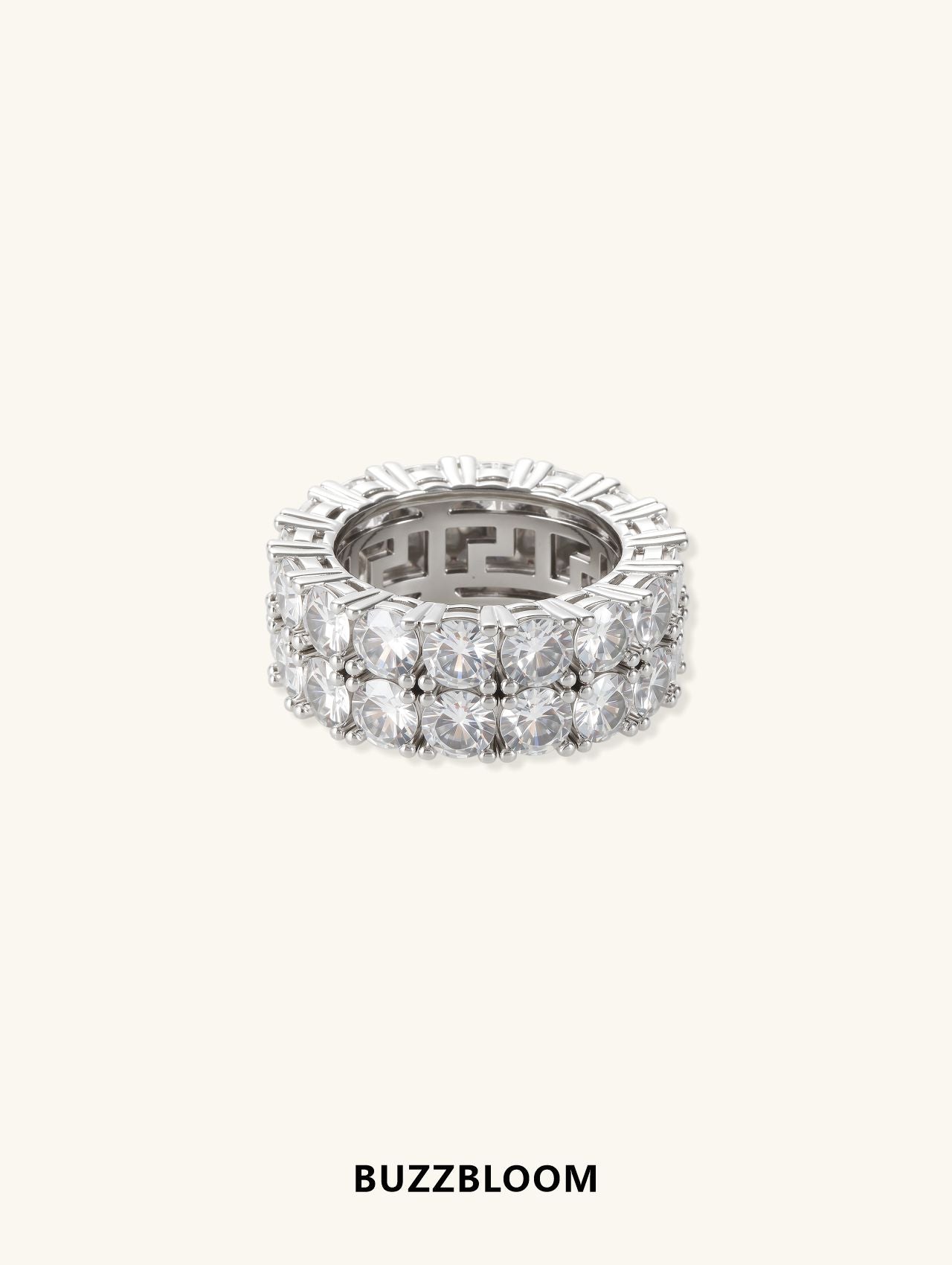 BuzzBloom double row round diamond eternity ring in 14K white gold, angled view showing two rows of brilliant-cut diamonds in a full eternity design.