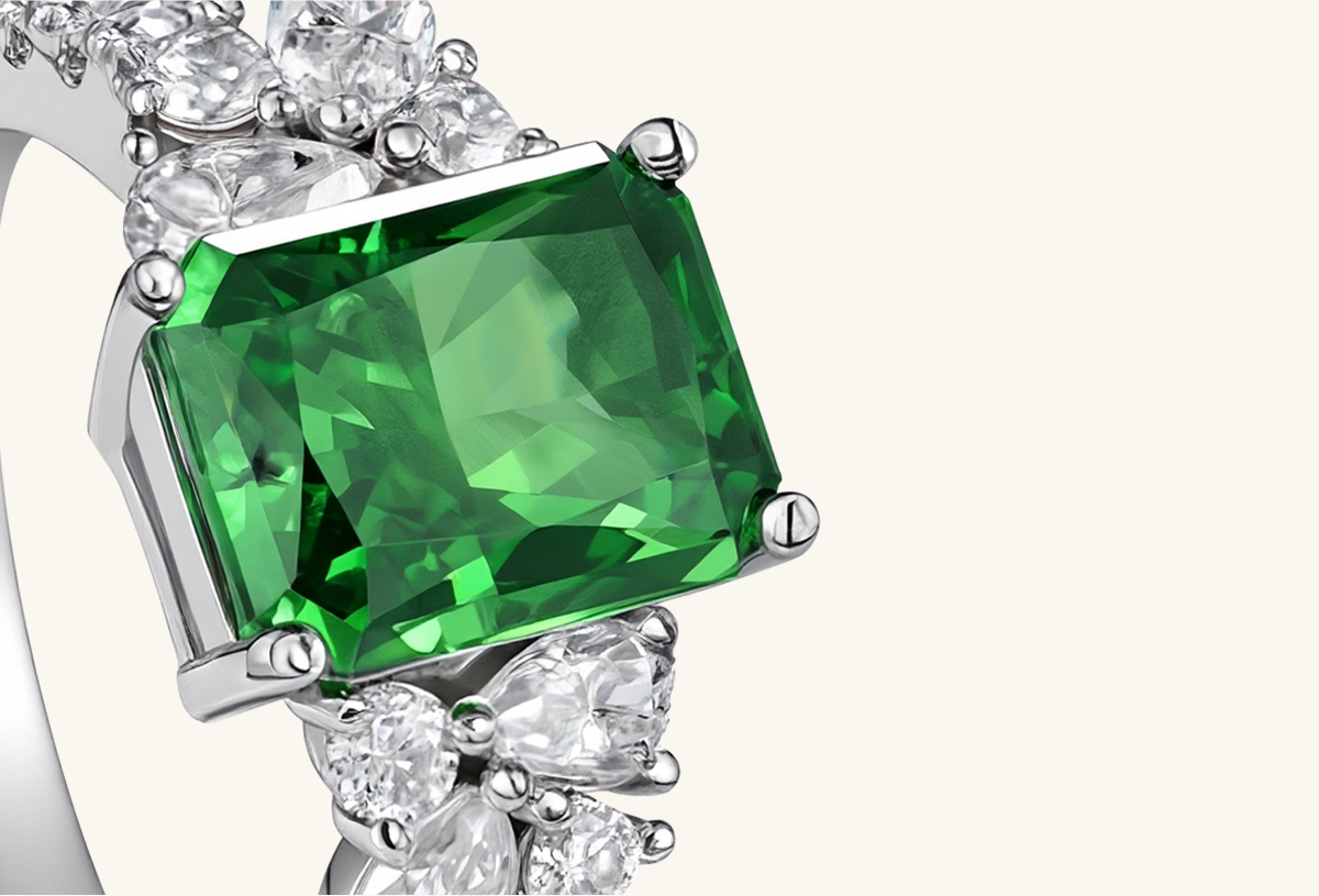 Artistic shadow shot of BuzzBloom emerald cluster ring