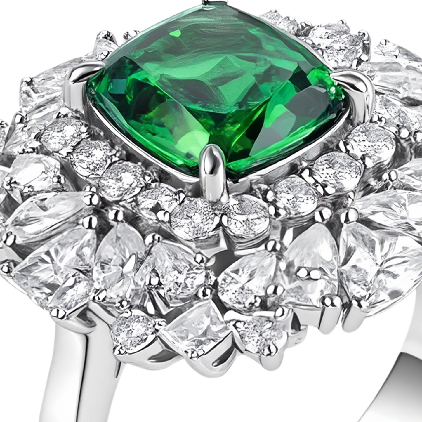 BuzzBloom emerald halo ring displayed alongside textured surface for editorial appeal