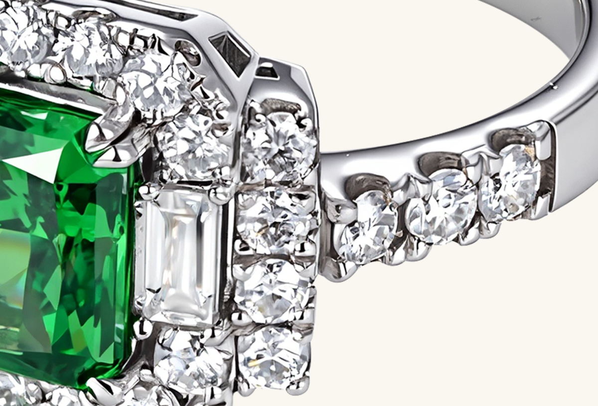 Back view or side clasp detail of BuzzBloom emerald halo ring