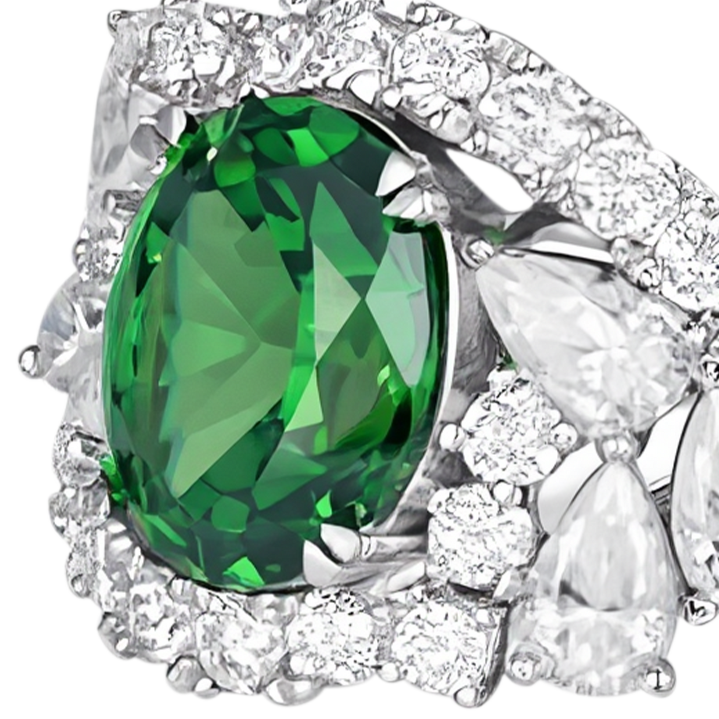 Close-up of band and setting of BuzzBloom emerald halo ring
