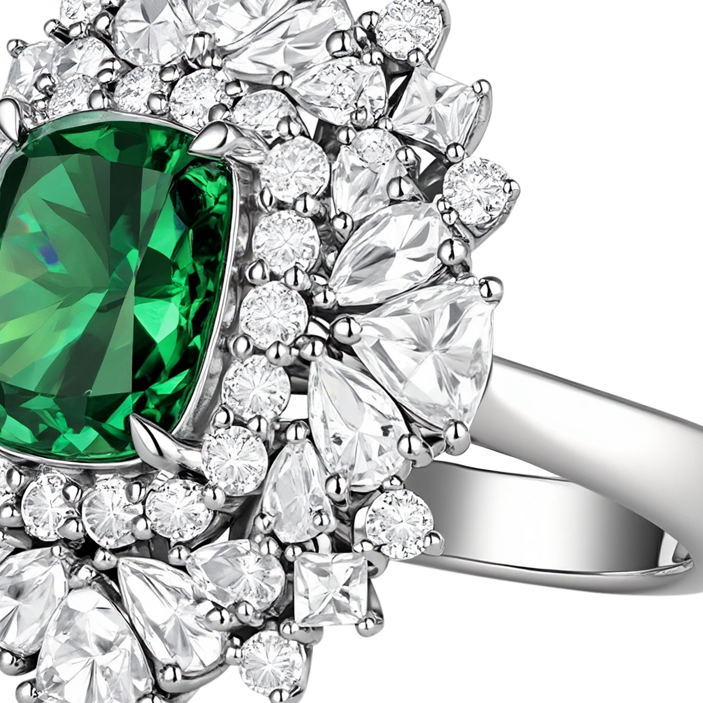 Macro shot focusing on emerald’s rich green hue and surrounding diamond shimmer