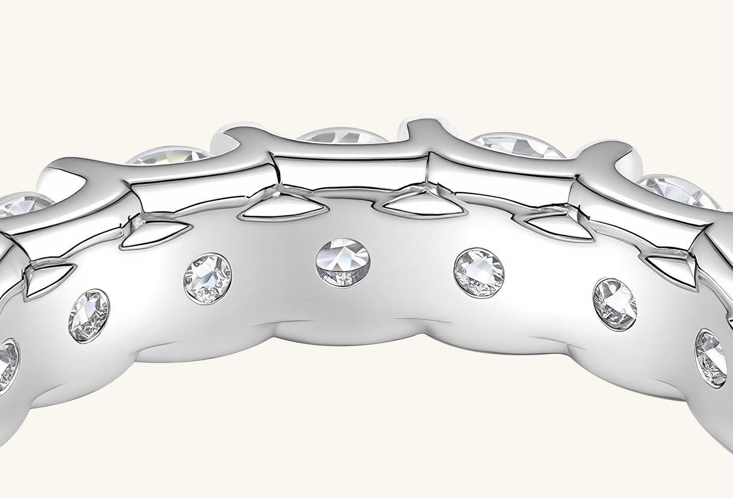Side view of BuzzBloom full eternity diamond band highlighting inner circle and setting detail