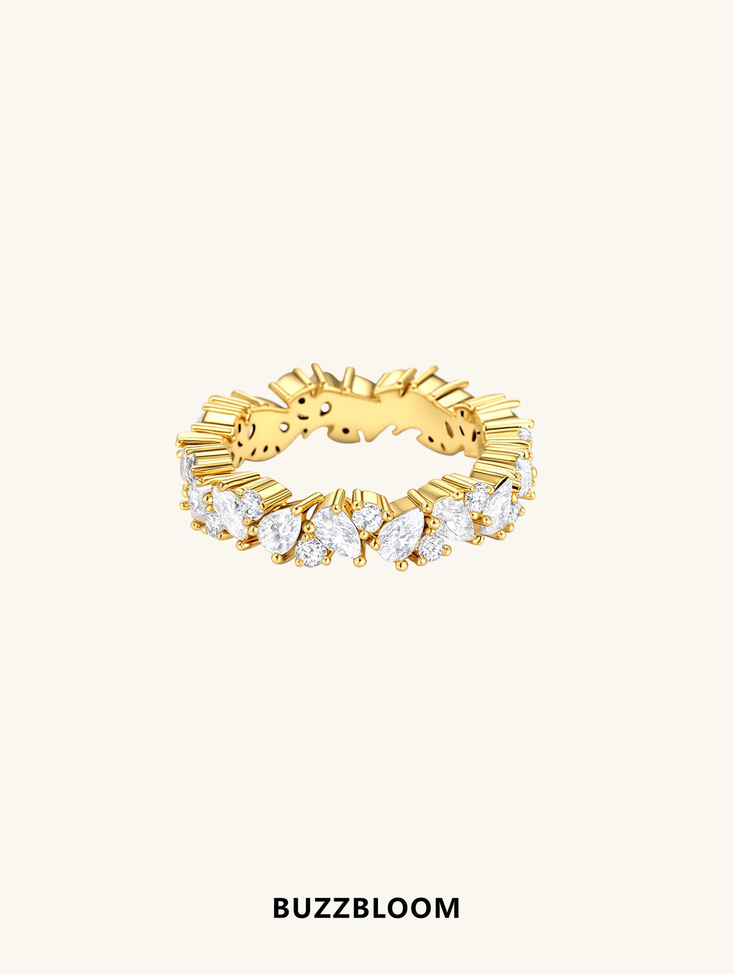 Front view of BuzzBloom marquise and round moissanite eternity band in gold