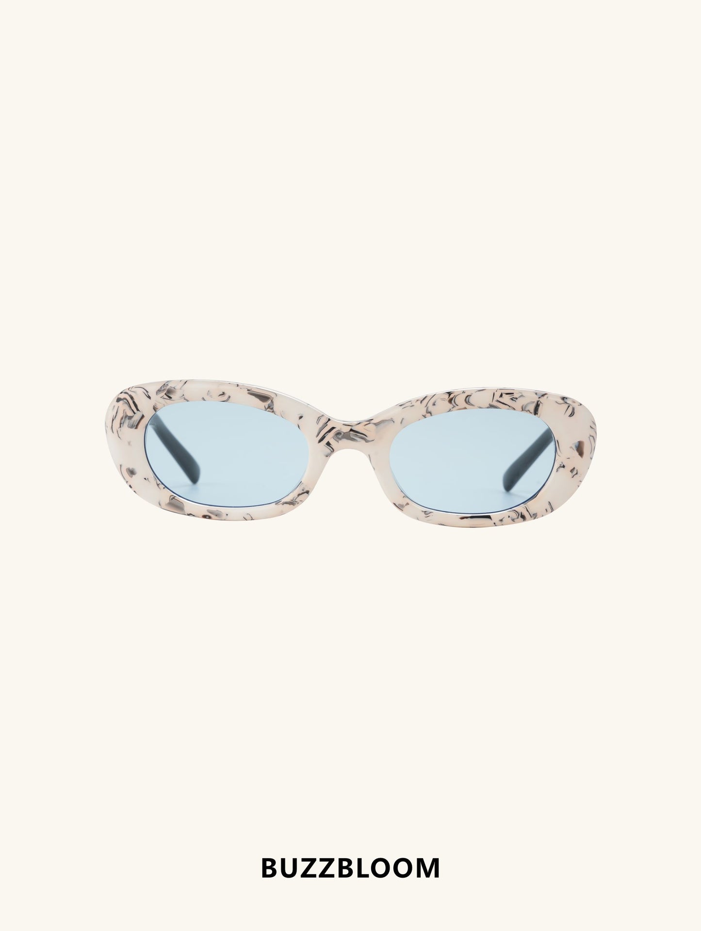 BuzzBloom men’s rectangular sunglasses with black frame, front view.