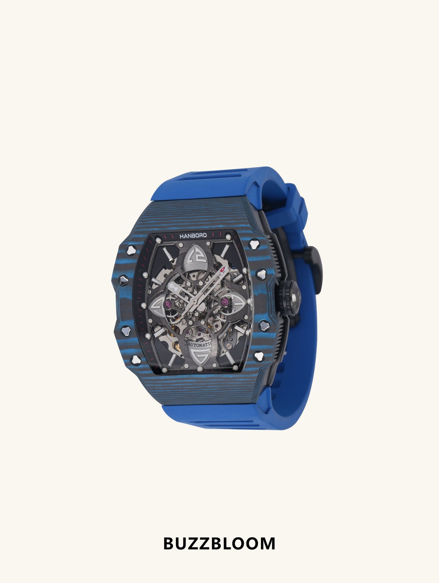 BuzzBloom men’s luxury automatic skeleton watch, angled view