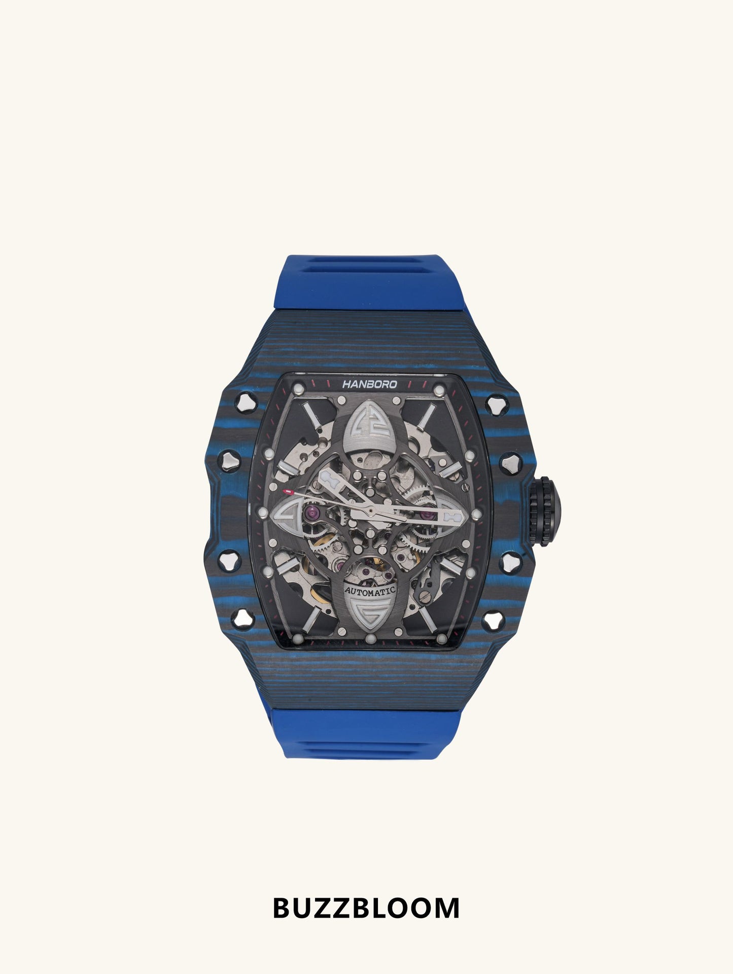 BuzzBloom men’s skeleton automatic watch with blue strap, front view