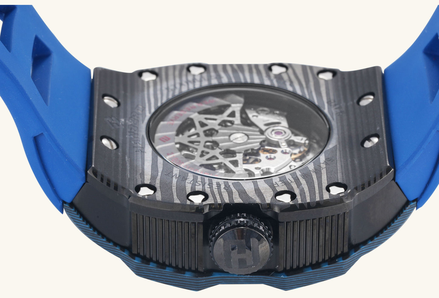 BuzzBloom men’s skeleton automatic watch strap and case detail
