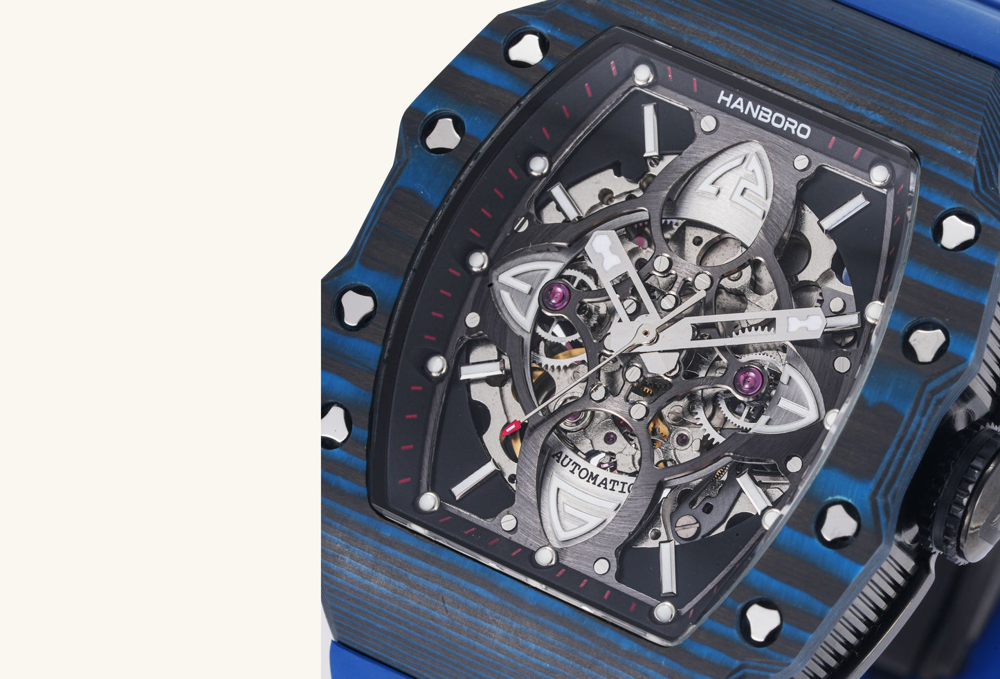 Close-up of BuzzBloom men’s skeleton watch dial showing openwork movement