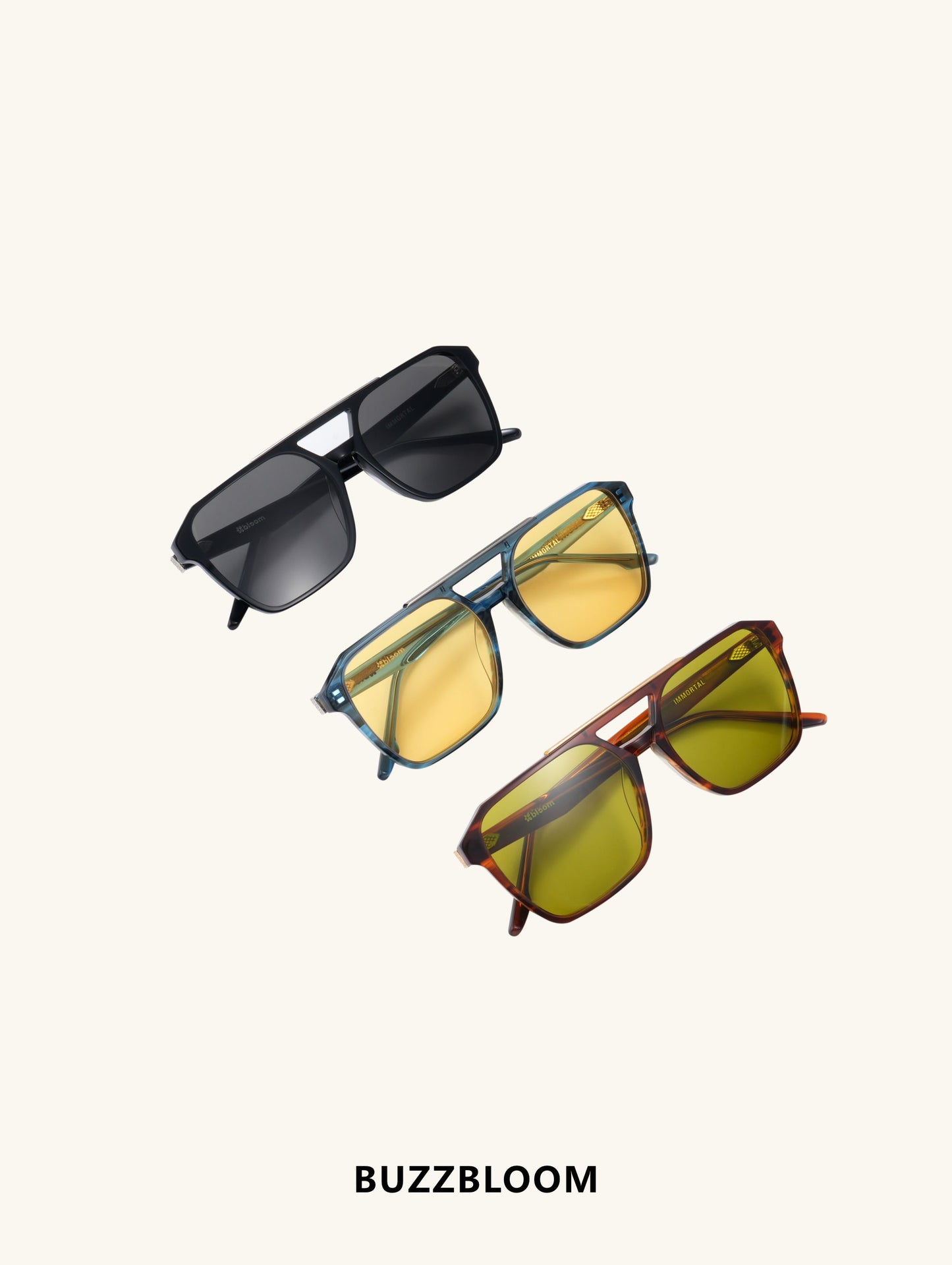 Side profile of BuzzBloom square aviator sunglasses in black and gold.