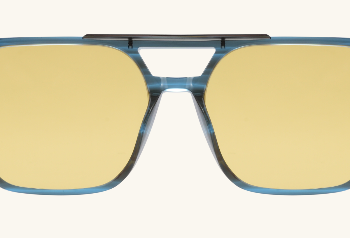 Macro shot of BuzzBloom men’s sunglasses with strong dual-bridge design.