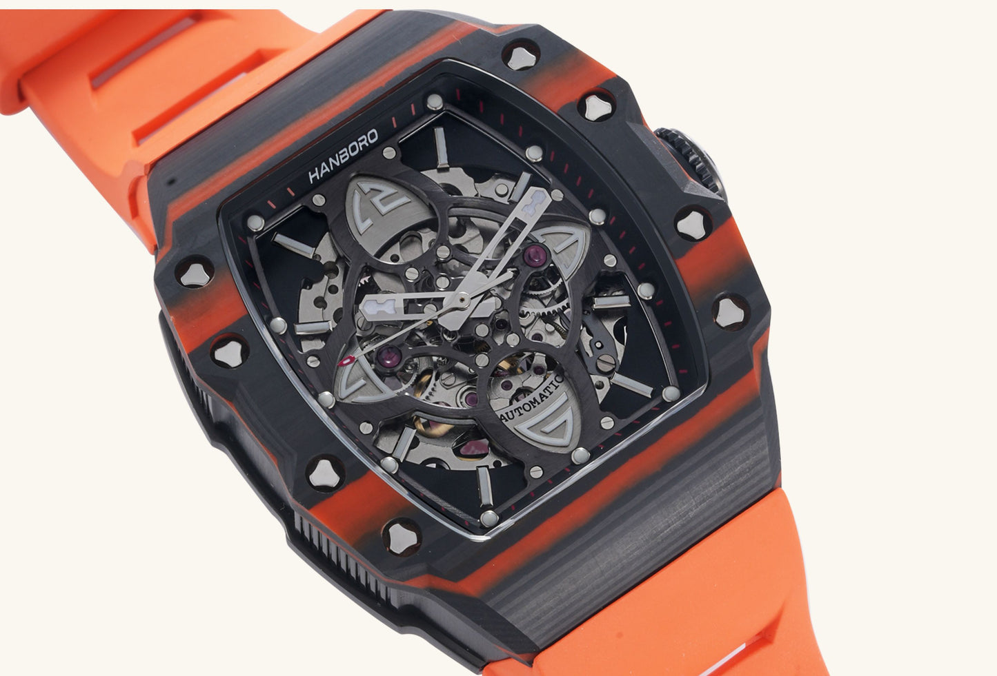 BuzzBloom orange strap skeleton watch displayed as a fashion accessory