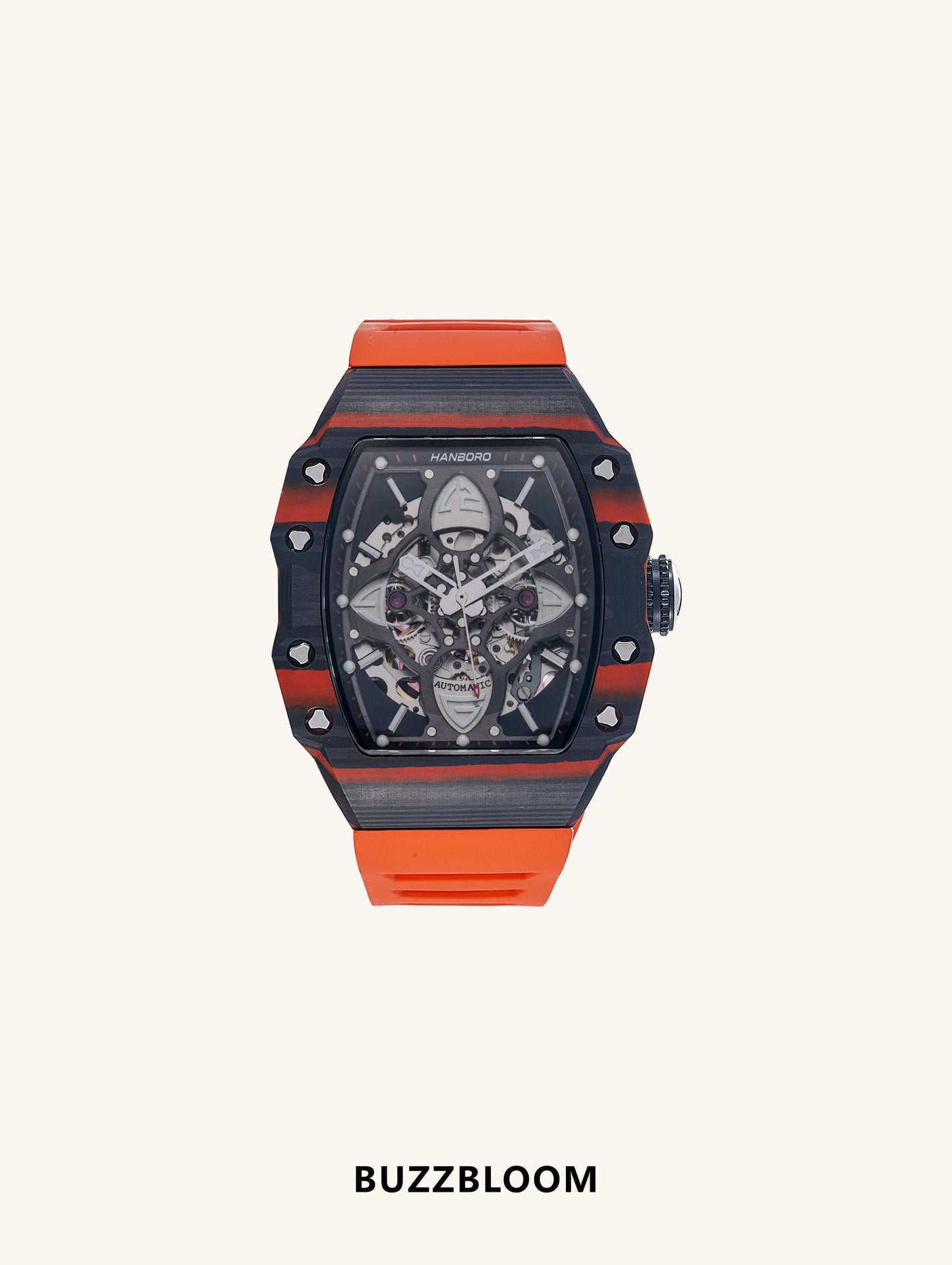 Front view of BuzzBloom men’s skeleton watch with orange strap and stainless steel case