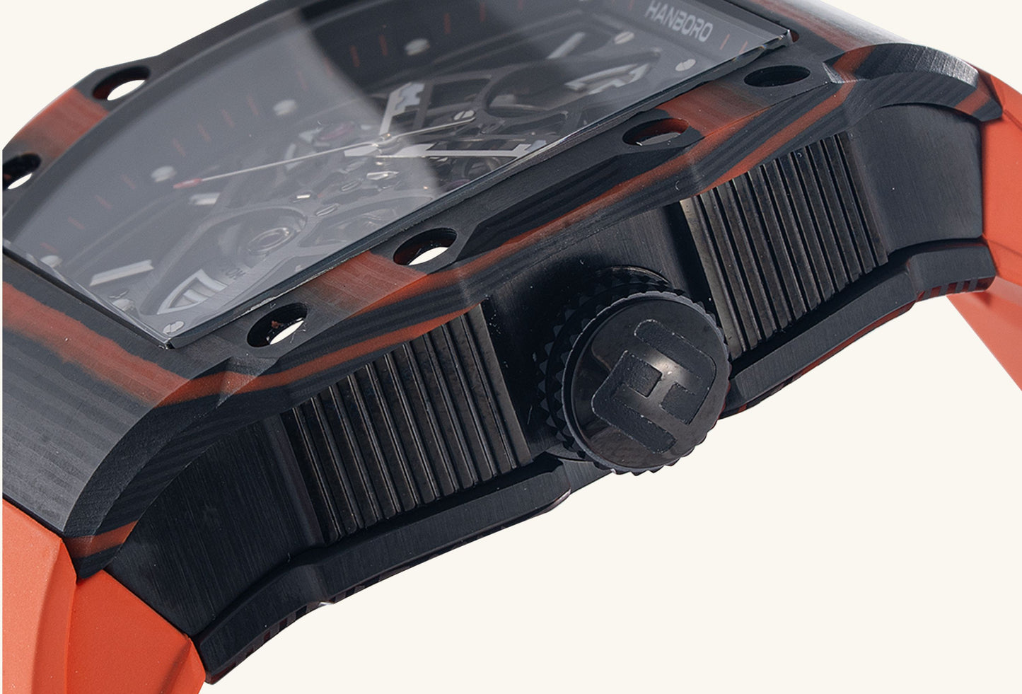 BuzzBloom men’s watch slogan “Engine on Your Wrist” with stainless steel case and orange strap