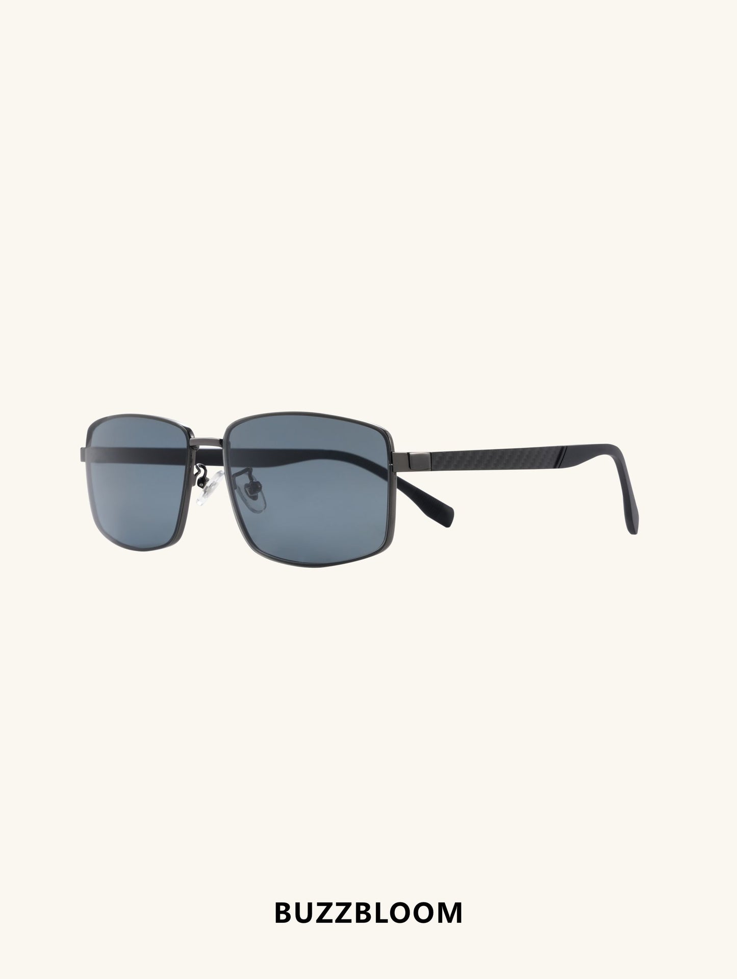 Side profile of BuzzBloom rectangular metal sunglasses showing thin arm detail.
