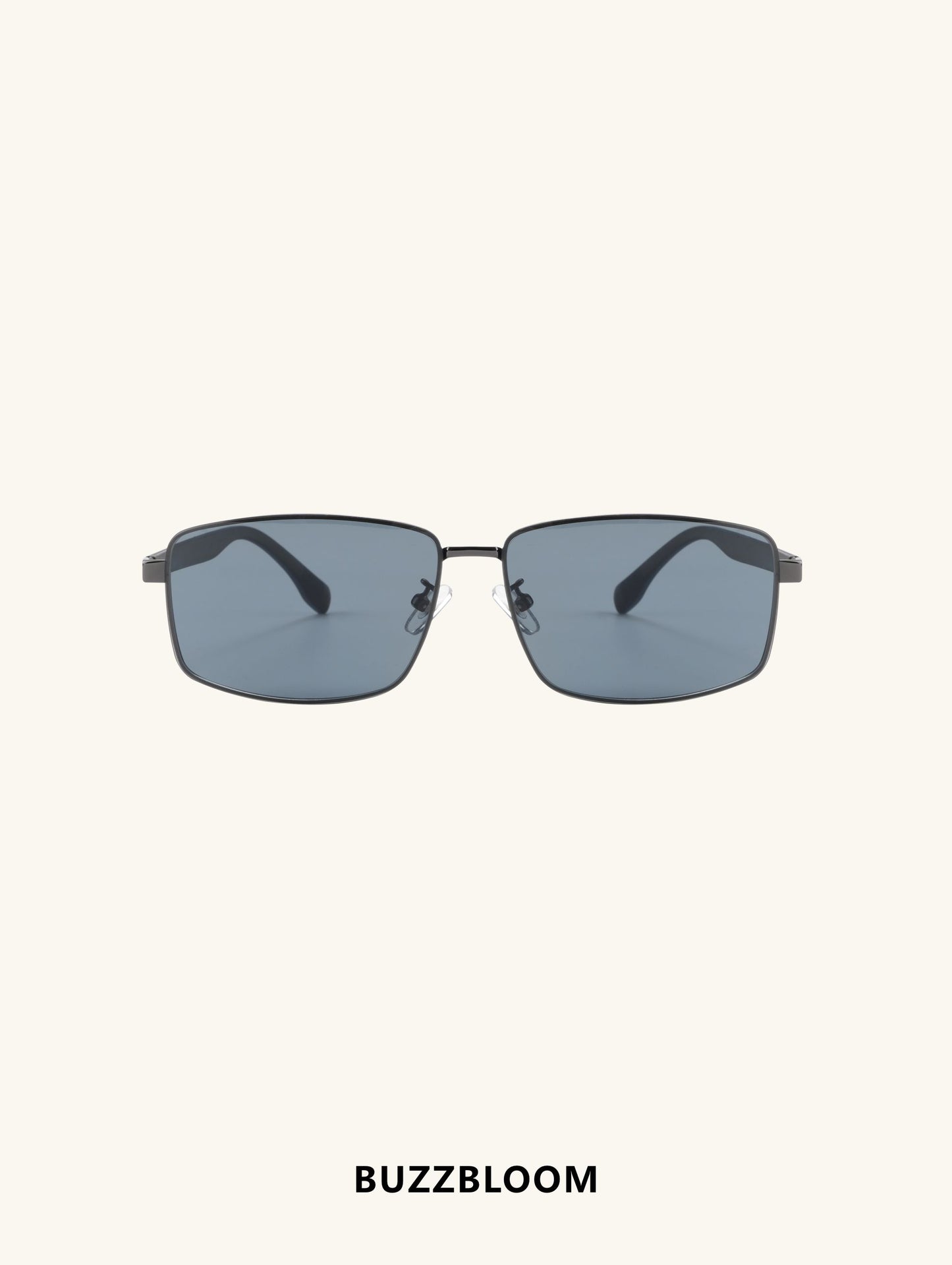 BuzzBloom sleek rectangular metal-frame sunglasses, front view.