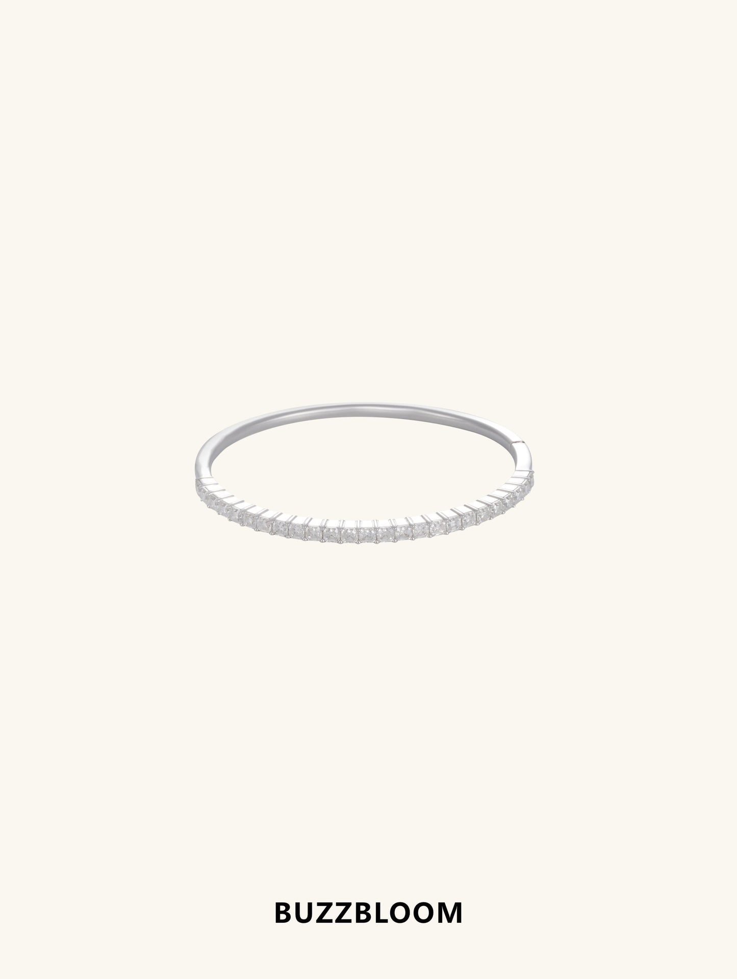 BuzzBloom Moissanite Bangle Tennis Bracelet front view with sterling silver setting