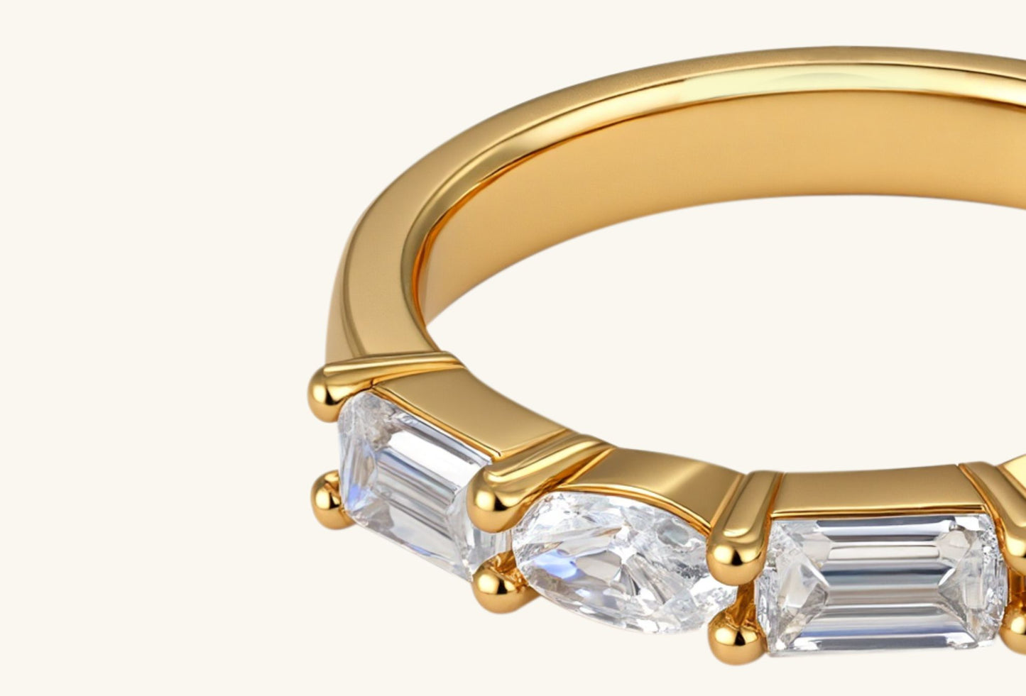 BuzzBloom oval moissanite ring with baguette side stones, modeled on hand/lifestyle