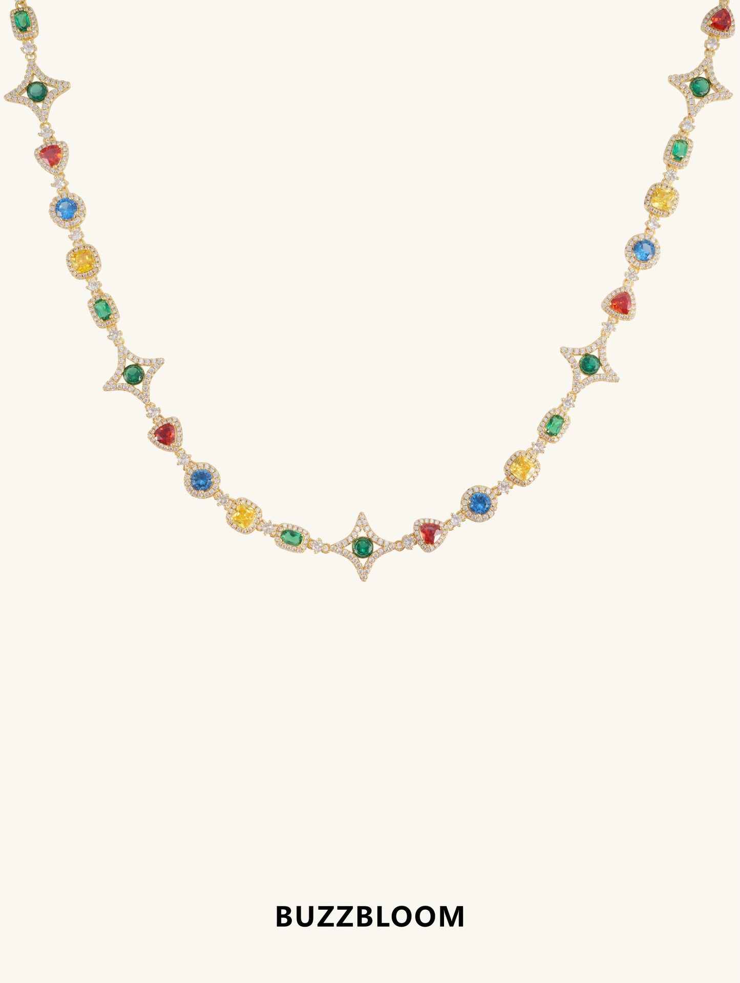 BuzzBloom multicolor gemstone necklace with pavé diamonds, front view.