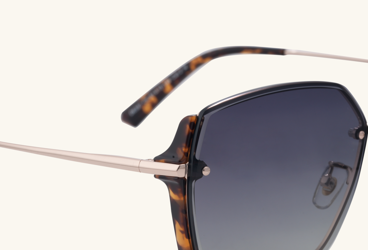 Close-up of BuzzBloom oversized square sunglasses gradient lens detail.