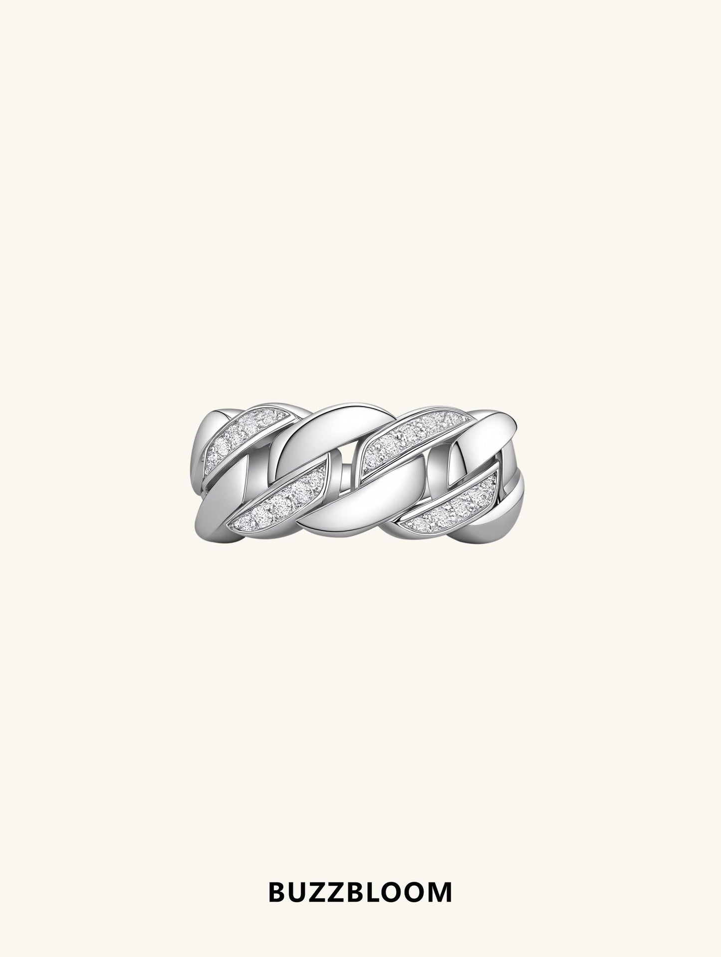 BuzzBloom sterling silver pave Cuban link ring, front view