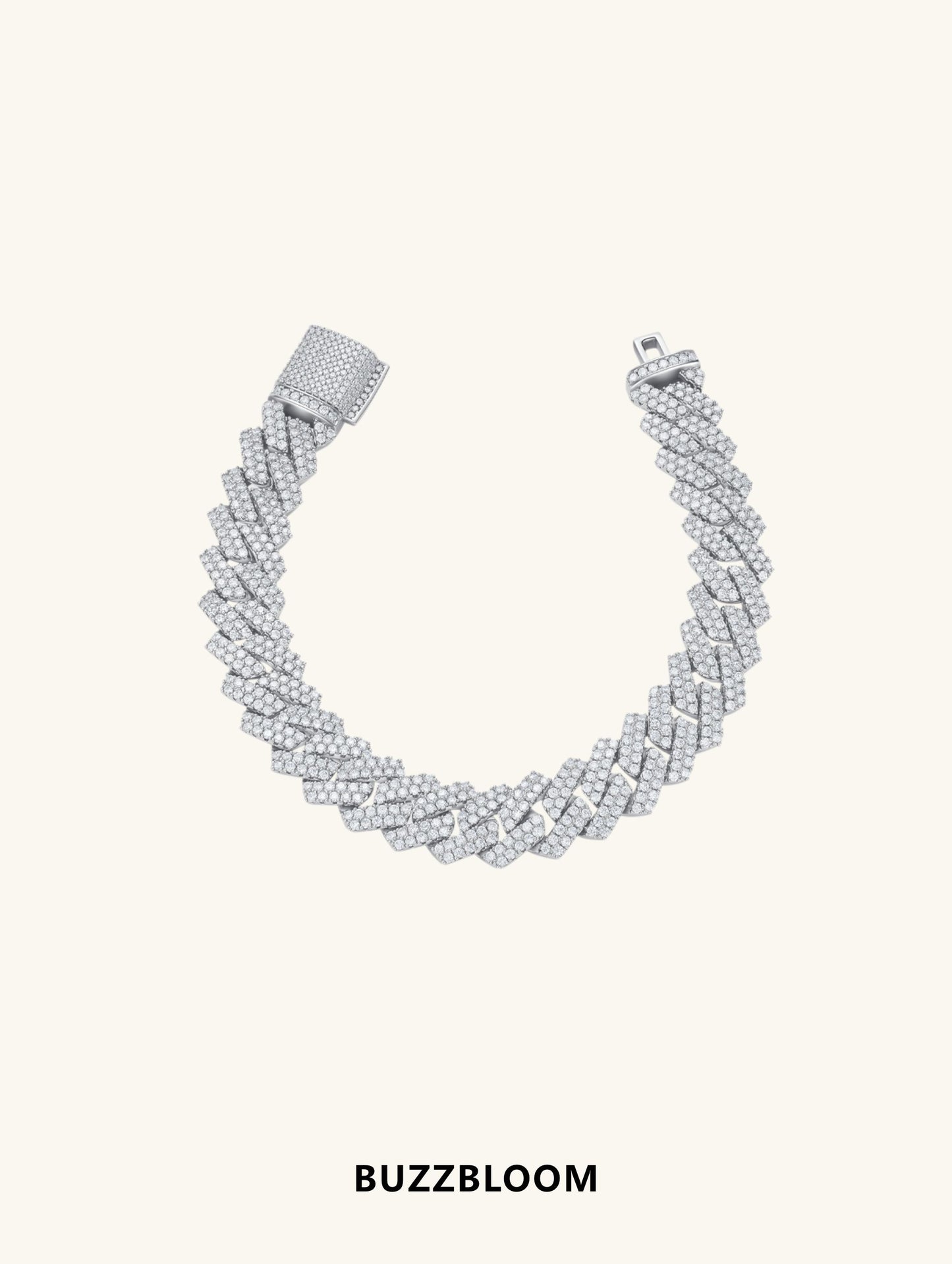 Angled view of BuzzBloom Cuban link bracelet showcasing diamond sparkle.