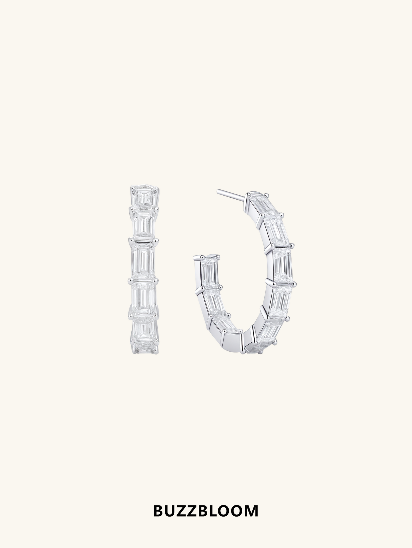 BuzzBloom Prism Loop Earrings front view with baguette-cut moissanite in sterling silver