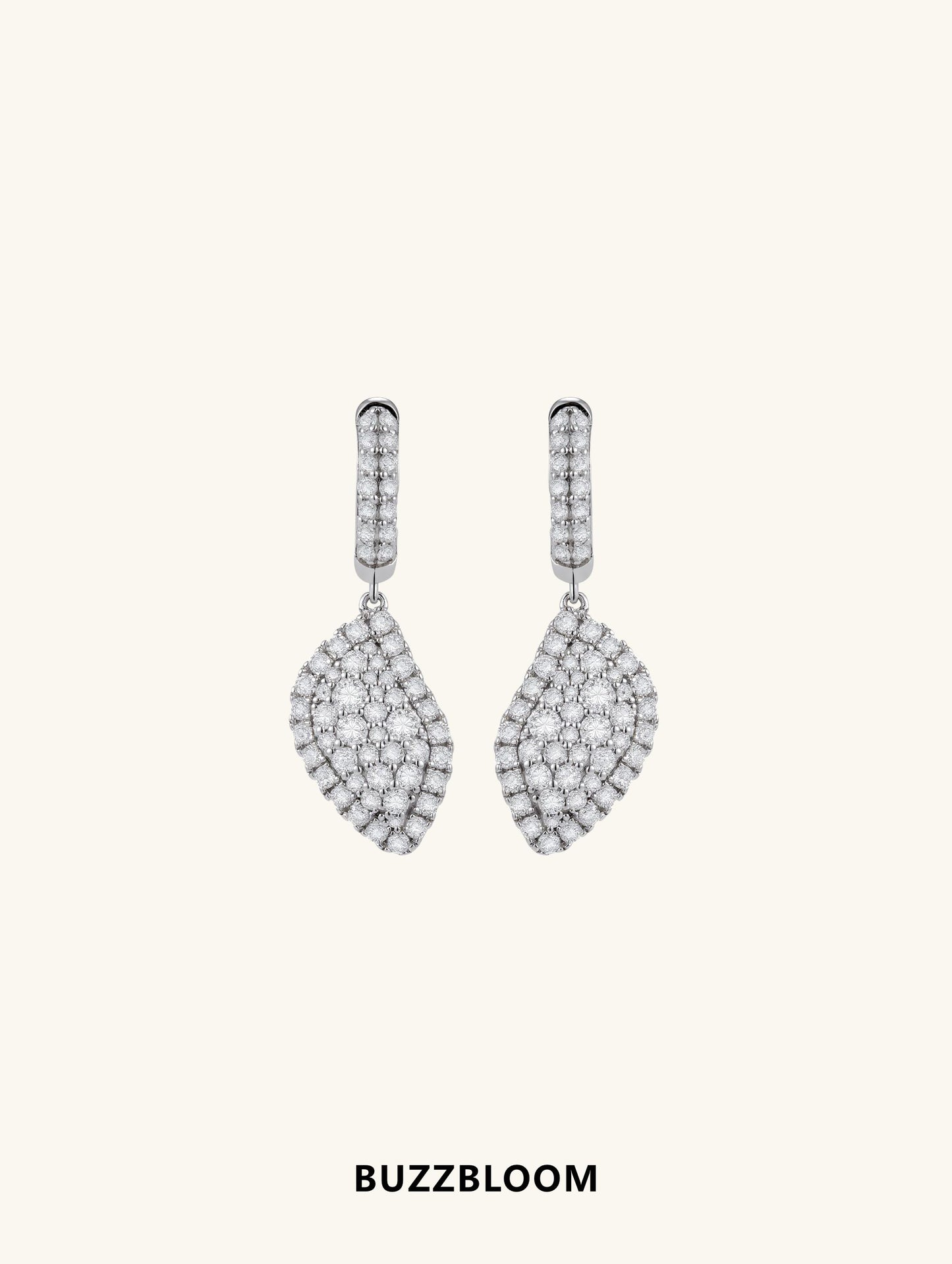 Front view of BuzzBloom Radiant Drape Moissanite Drop Earrings