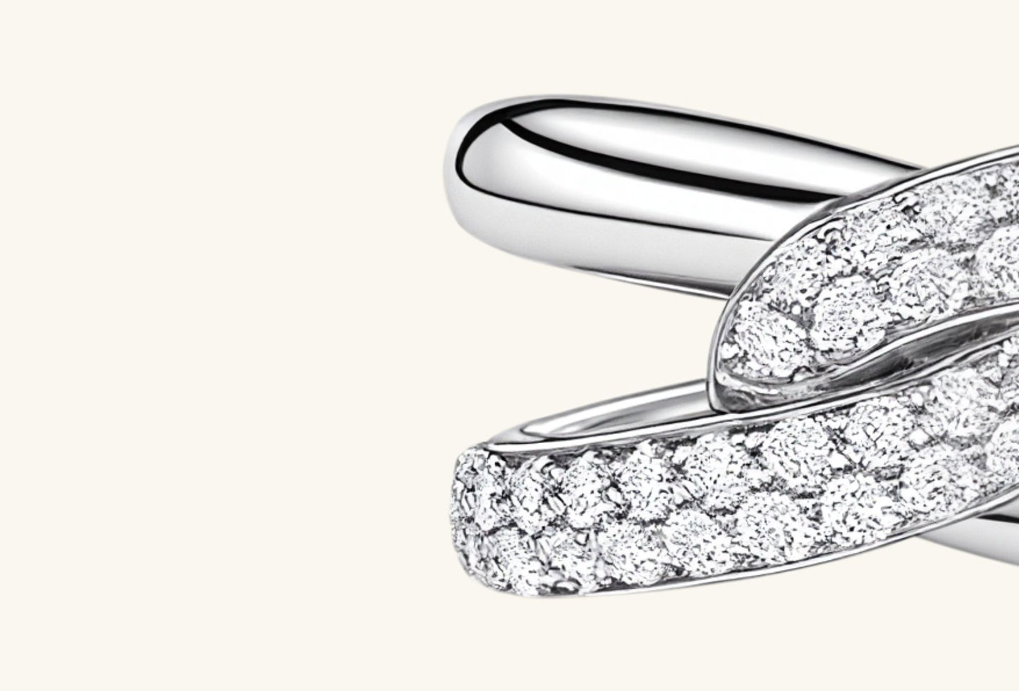 Closeup detail of BuzzBloom sterling silver crossover ring pavé stones