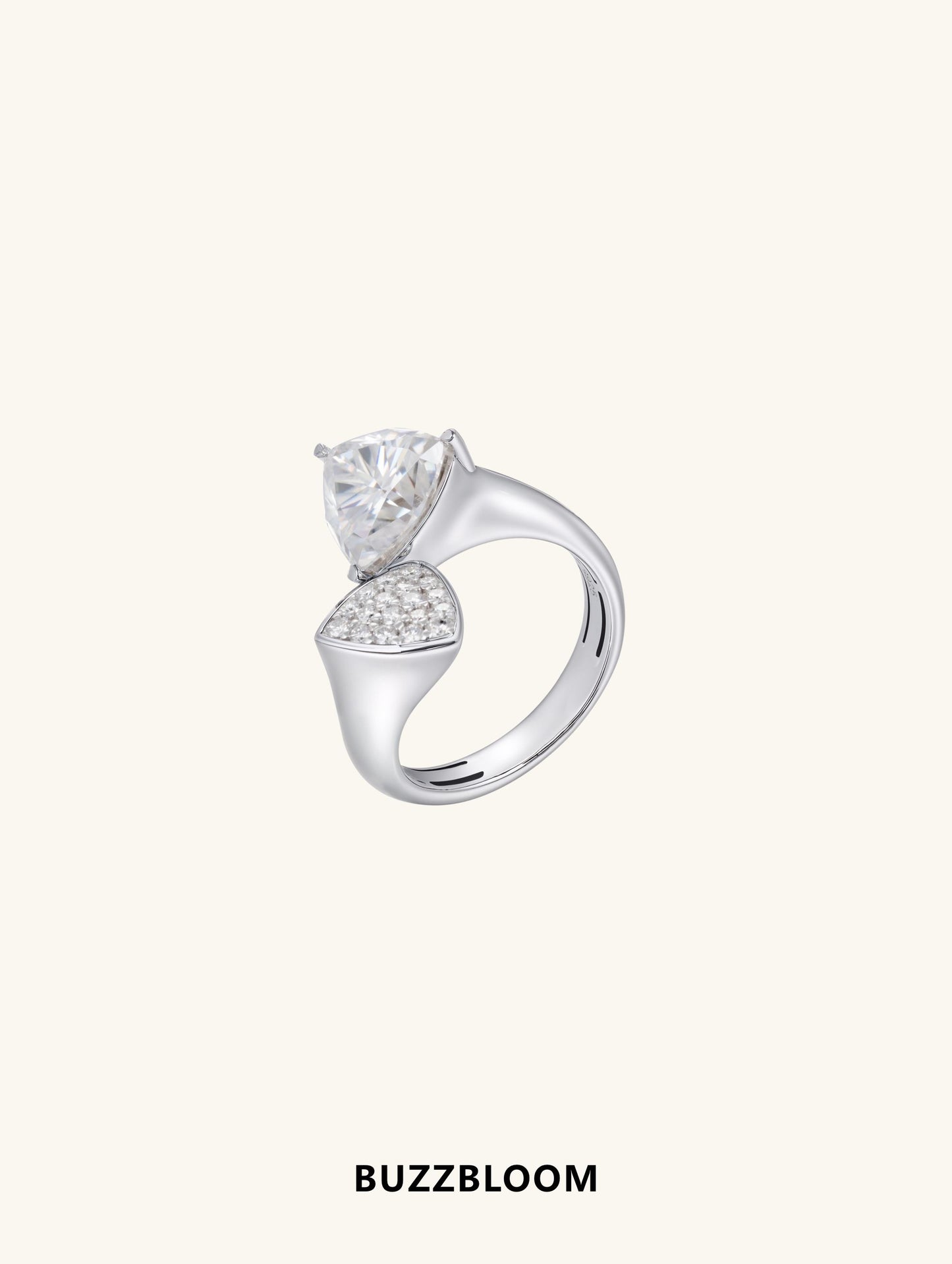BuzzBloom trillion-cut diamond bypass ring, front view