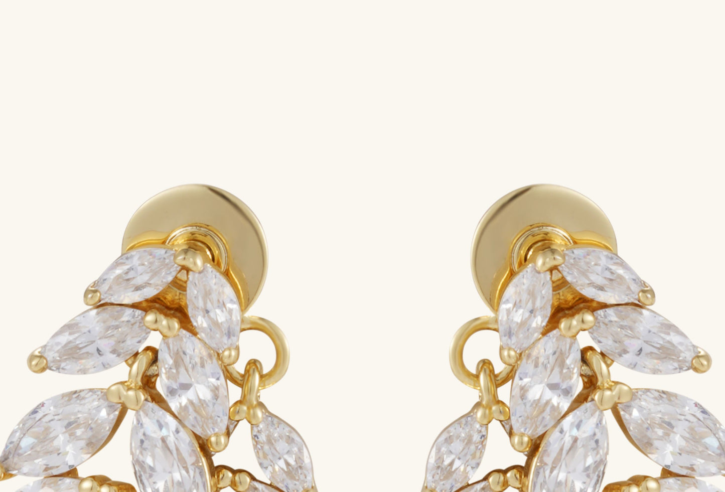 Macro detail of BuzzBloom Willow Leaf Diamond 14K Stud Earrings, highlighting diamond clarity and craftsmanship in the cascading leaf design.