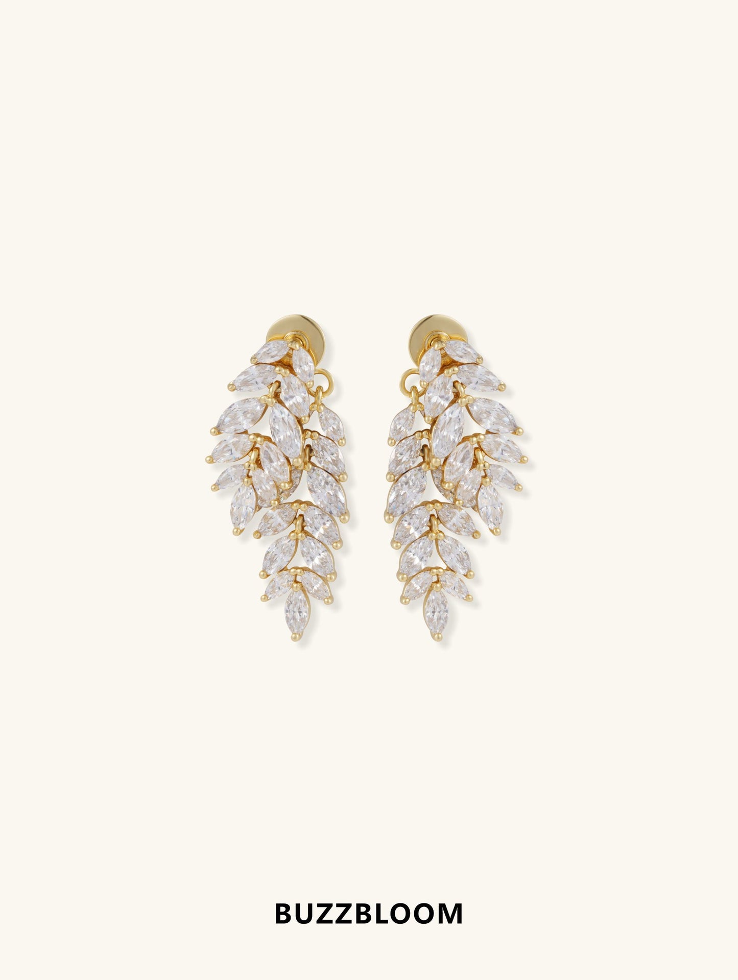 BuzzBloom Willow Leaf Diamond 14K Stud Earrings, front view showcasing cascading marquise-cut diamonds set in 14K gold for a nature-inspired luxury look.