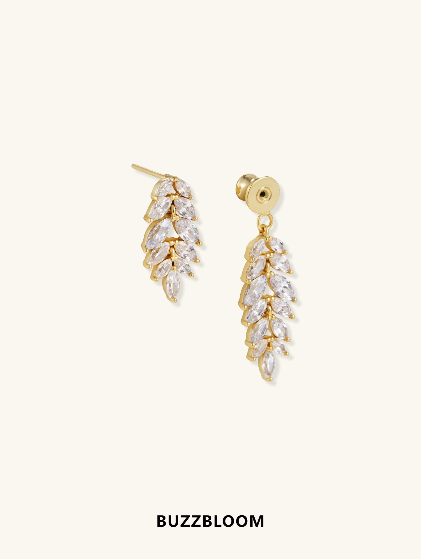 Side view of BuzzBloom Willow Leaf Diamond 14K Stud Earrings in 14K gold, highlighting layered marquise diamond leaves with secure stud backings.