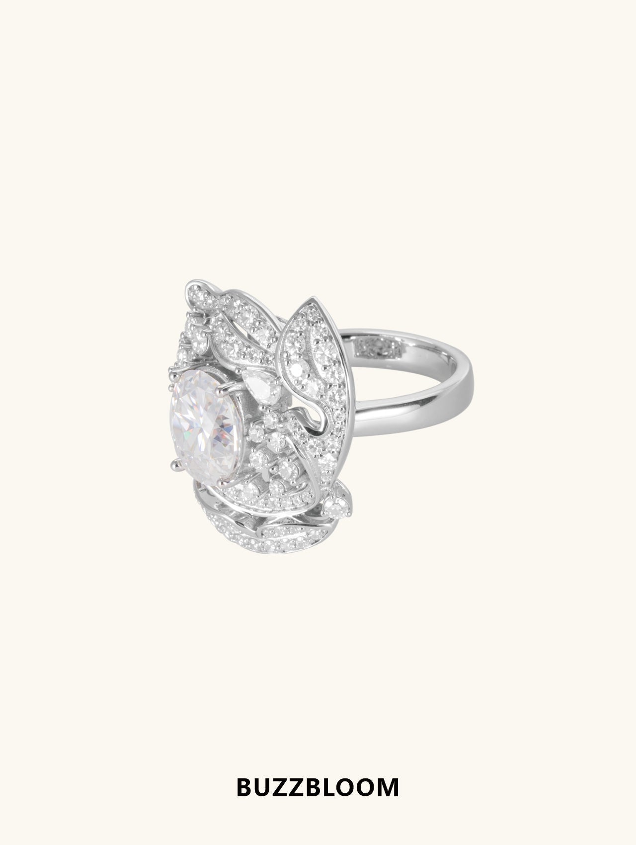 Angled view of BuzzBloom diamond flower ring with a brilliant white center stone and diamond-studded petals, perfect for statement bridal jewelry.