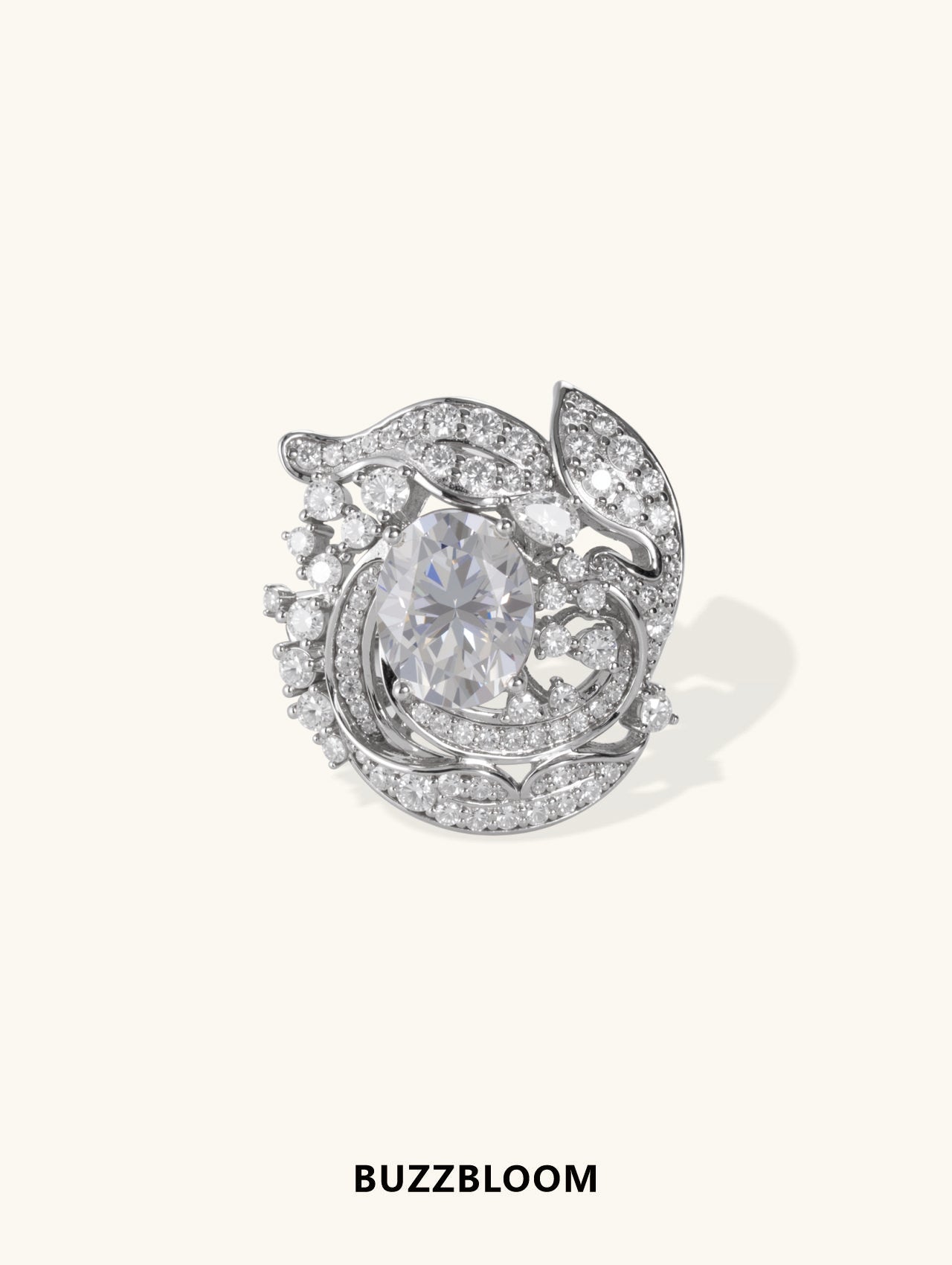 Bold floral diamond ring by BuzzBloom, front view, featuring a brilliant white center stone surrounded by dazzling diamonds for weddings and glamorous occasions.