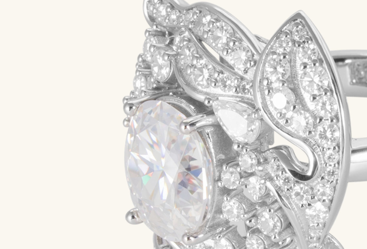 Side view of BuzzBloom floral diamond ring showcasing elegant petal-shaped diamond arrangement