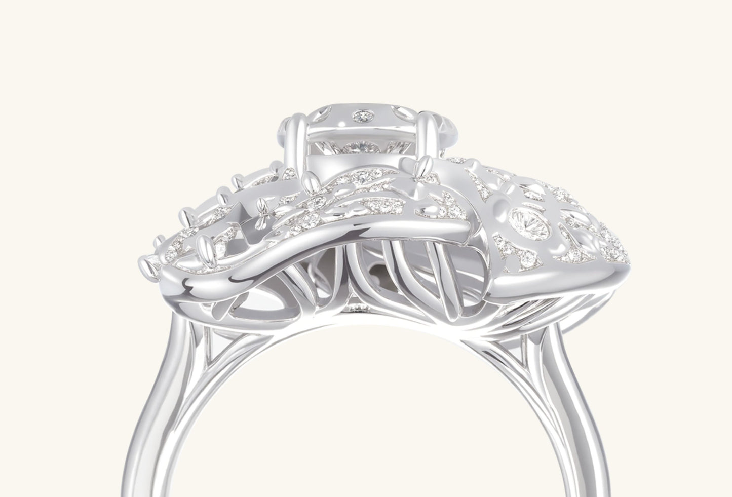 Close-up of BuzzBloom diamond flower ring with brilliant white center stone and surrounding pave diamonds