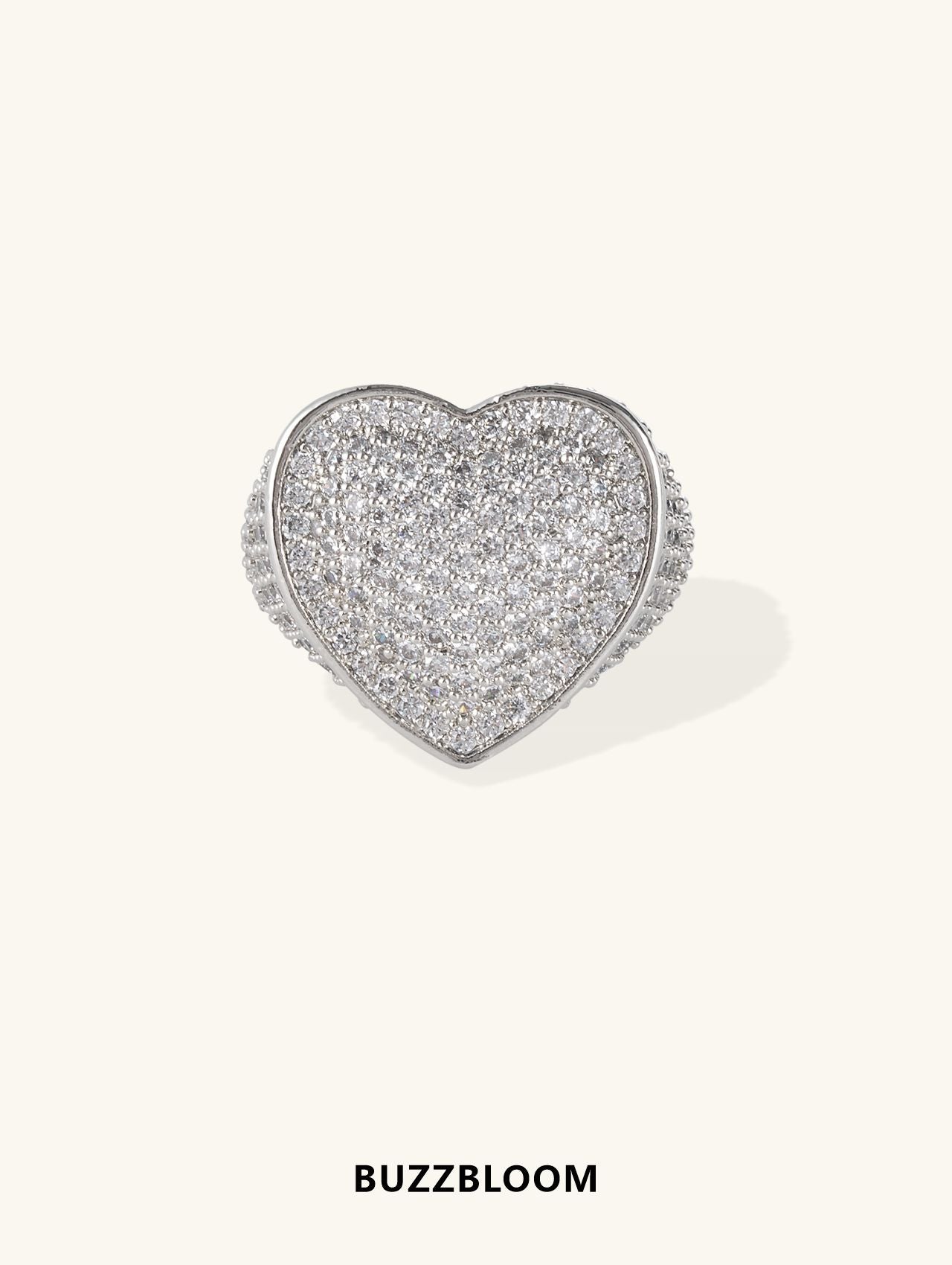 Elegant 14K white gold diamond heart ring by BuzzBloom, front view, full pavé setting for weddings, anniversaries, and statement style.