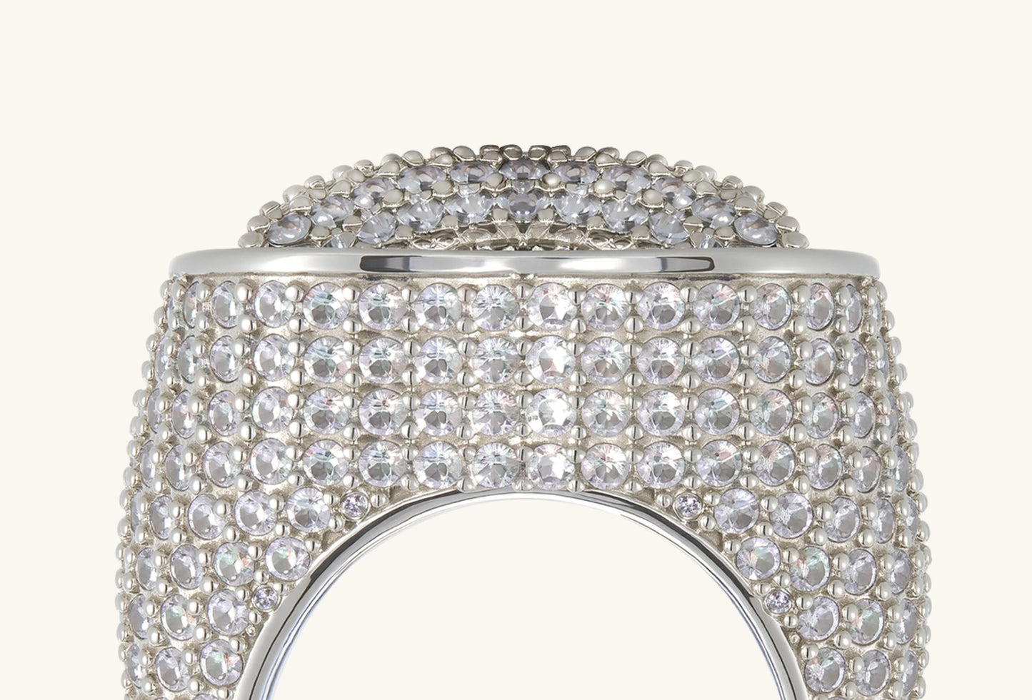 Close-up of BuzzBloom 14K white gold diamond heart ring with full pavé setting symbolizing love