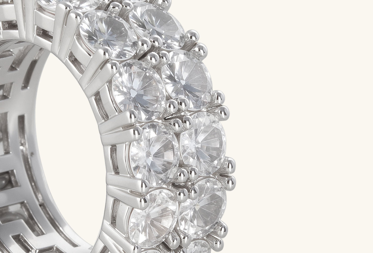 Side view of BuzzBloom 14K white gold double row round diamond eternity ring symbolizing everlasting love