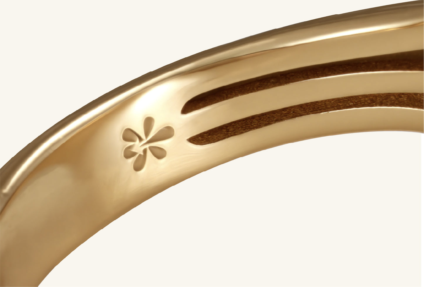 Inner engraving and craftsmanship detail of BuzzBloom Dual Flame gold ring
