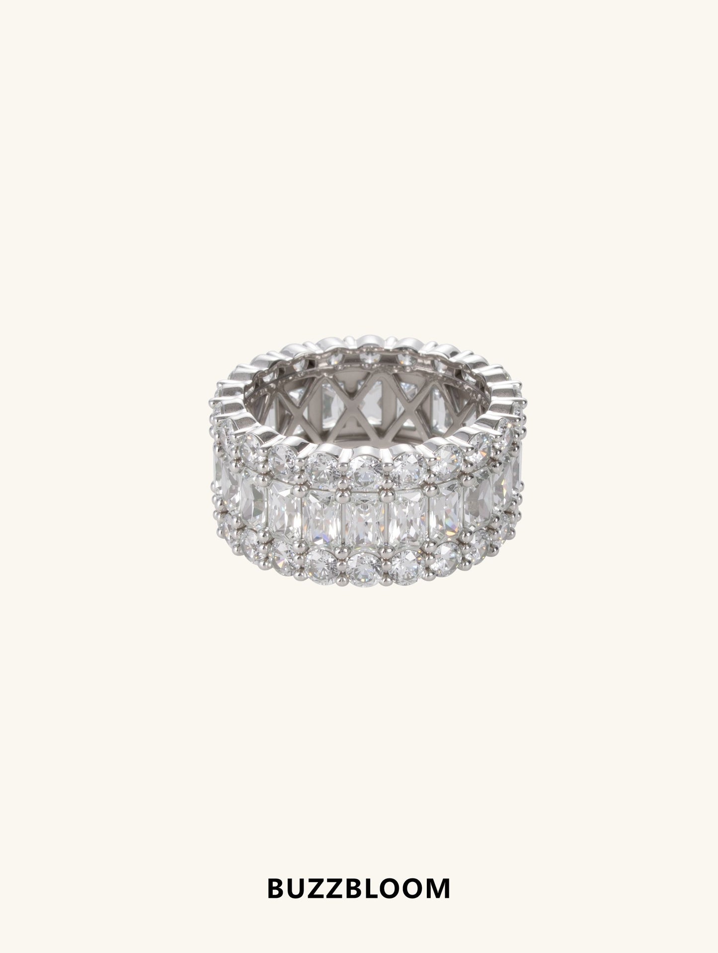 Luxury 14K Diamond Ring angled view with round and baguette diamonds in wide eternity band