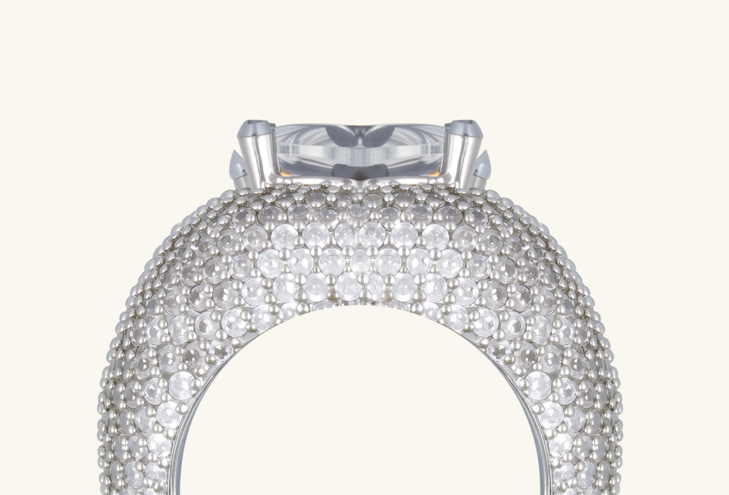 Side view of BuzzBloom wide band diamond ring in 14K white gold showcasing pavé diamonds and bold statement design