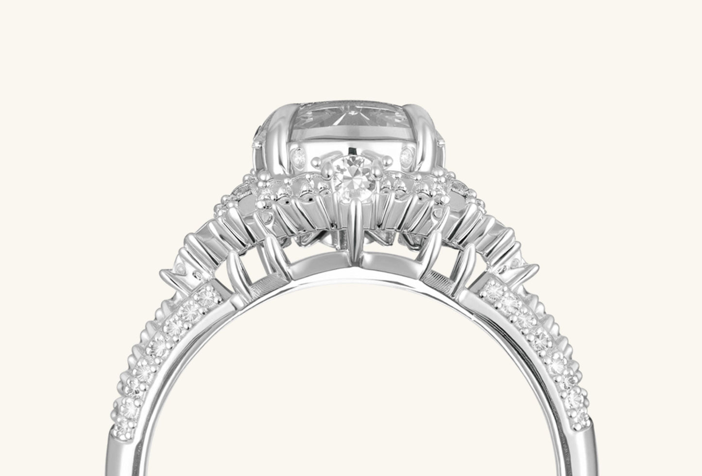 Side view of BuzzBloom 14K white gold Snow Queen diamond ring with round center stone and snowflake design