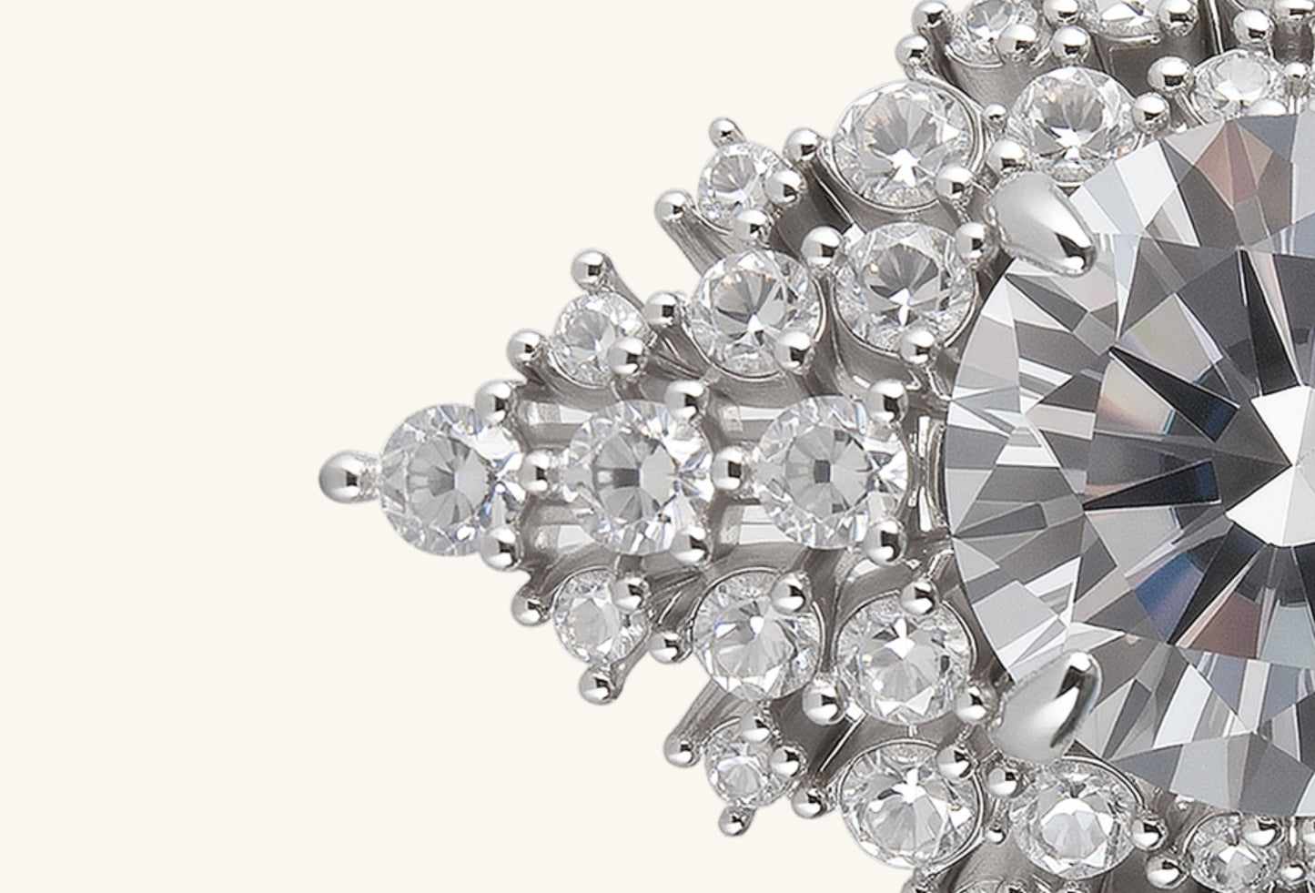 Half view of BuzzBloom Snow Queen ring in 14K white gold highlighting intricate snowflake setting and pavé diamonds